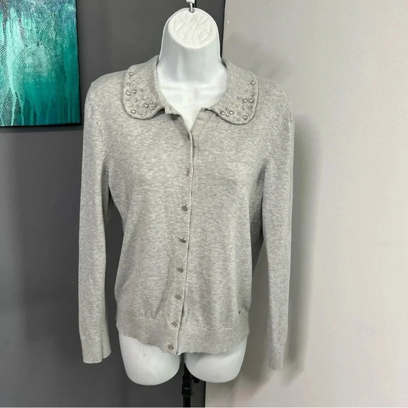 Women’s Medium‎ Gray Cardigan Rhinestone Peter Pan Collar Balletcore Fairycore - Picture 1 of 10